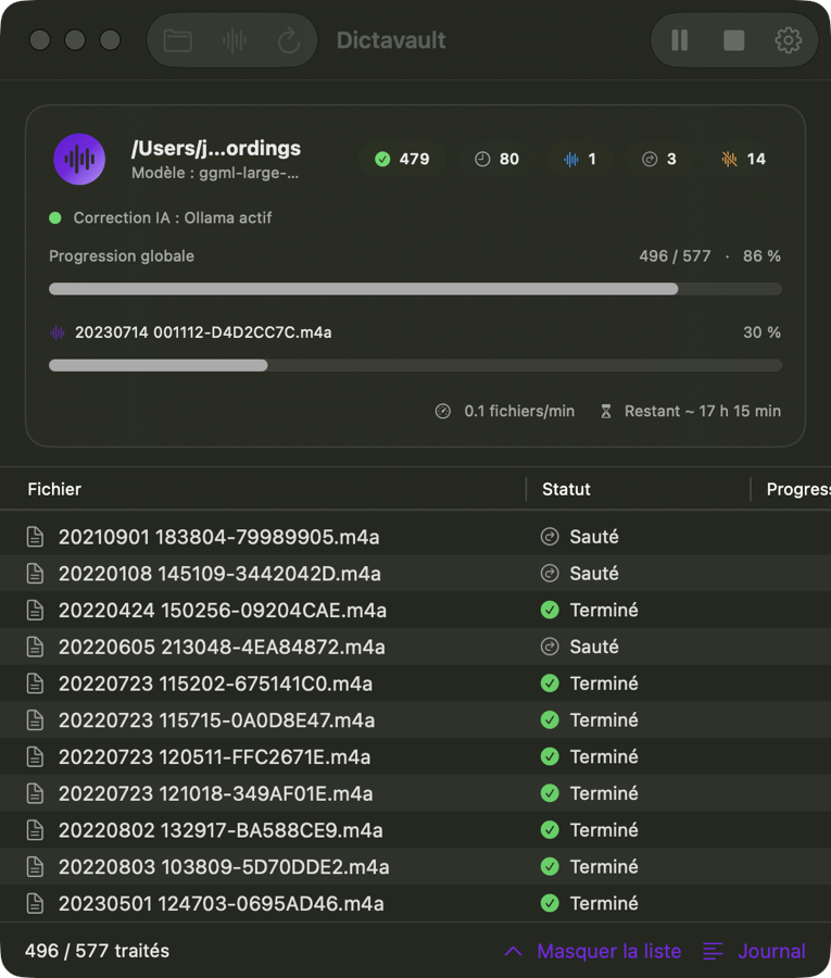 Dictavault window transcribing a batch of voice memos, with overall progress and time remaining